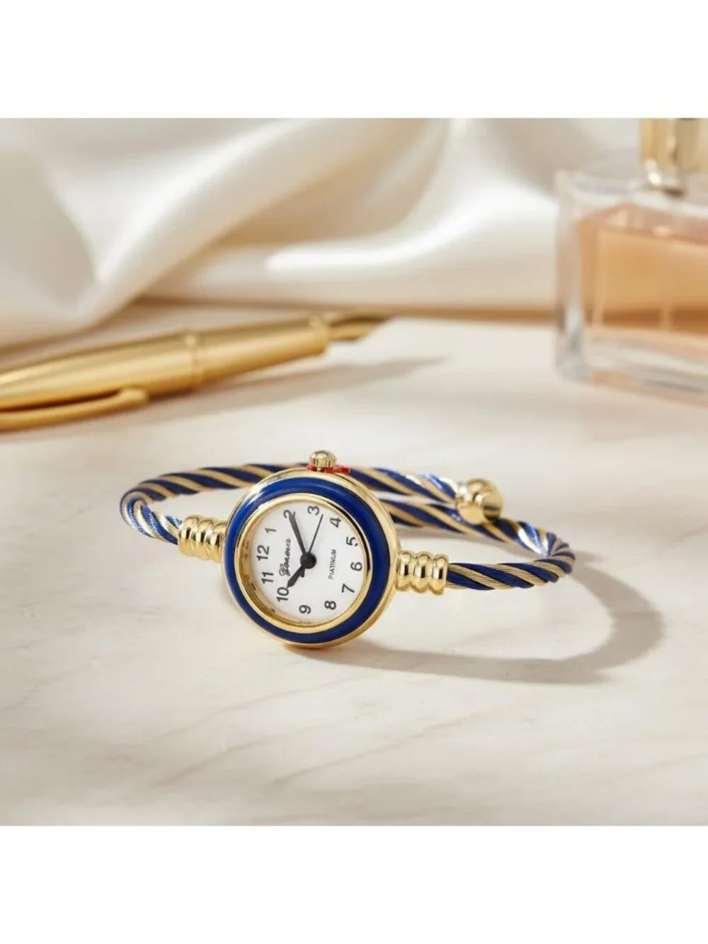 Women's Gold Blue Analog Quartz Elegant Cable Cuff Arabic Numbers Bracelet Watch